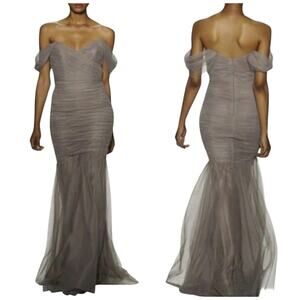Amsale‎ Black Off Shoulder Ruched Tulle Bridesmaid Mermaid Gown #G834U Women's 6
